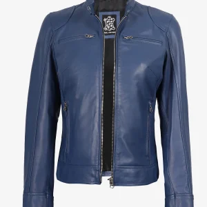 Veste en cuir bleu style motard pour femme - Coupe moderne