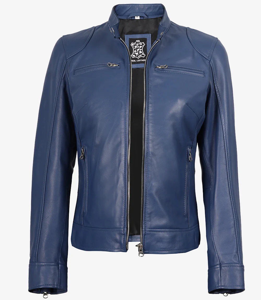 Veste en cuir bleu style motard pour femme - Coupe moderne