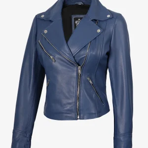 Veste motard bleue en cuir d'agneau véritable pour femme