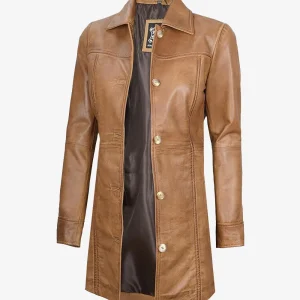 Manteau en cuir véritable marron camel pour femme