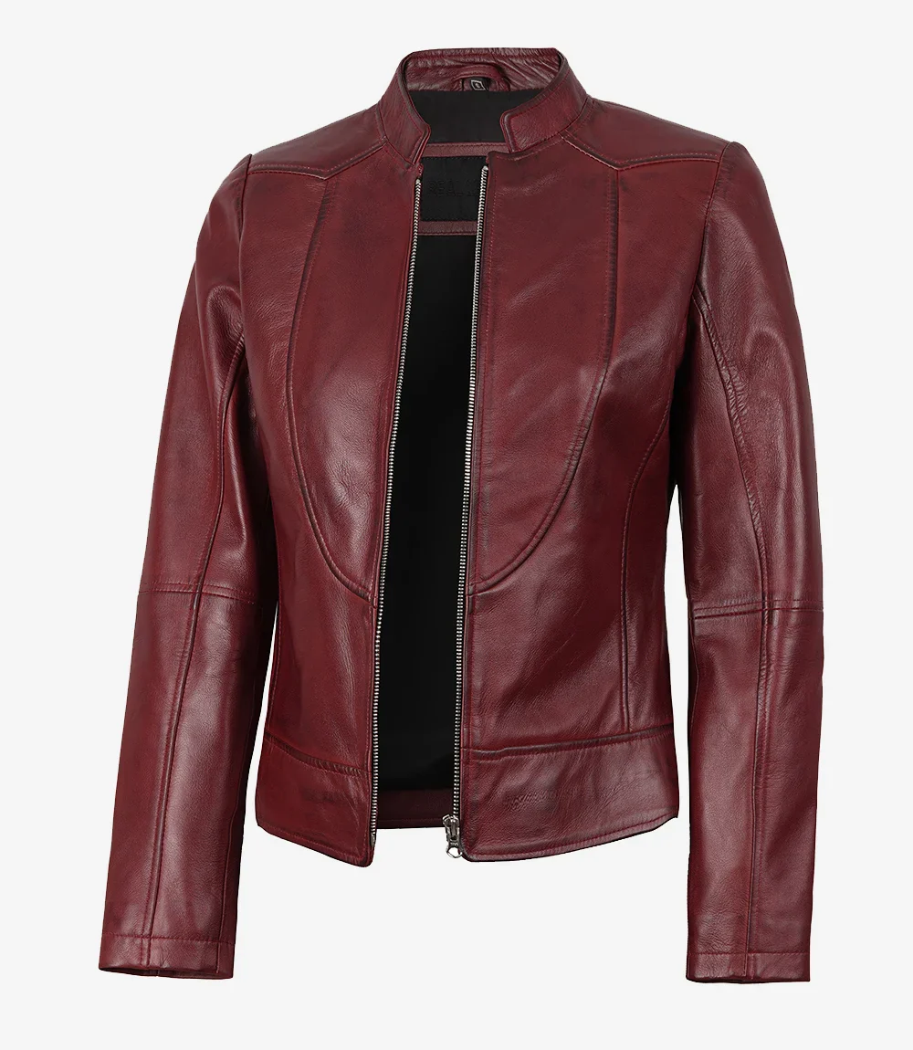 Veste en cuir bordeaux coupe slim pour femme – Image 3