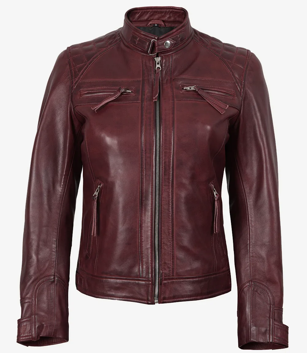 Veste style motard en cuir d'agneau véritable bordeaux pour femme – Image 4
