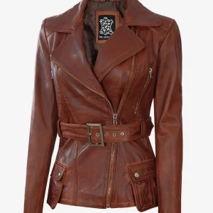 Veste motard asymétrique en ciré cognac à quatre poches avec ceinture pour femme