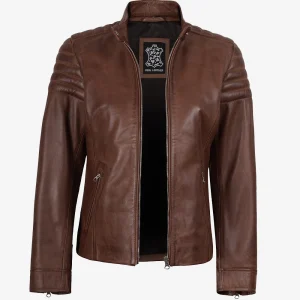 Veste en cuir style motard cognac pour femme