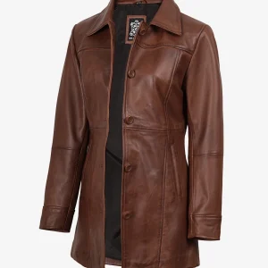 Manteau en cuir cognac à col chemise pour femme - Longueur 3/4
