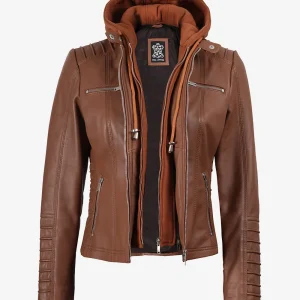 Veste en cuir cognac Helen pour femme avec capuche amovible