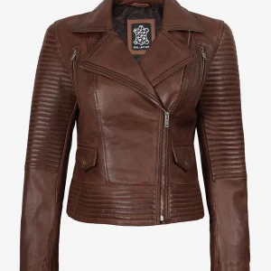Veste style motard asymétrique en cuir cognac pour femme
