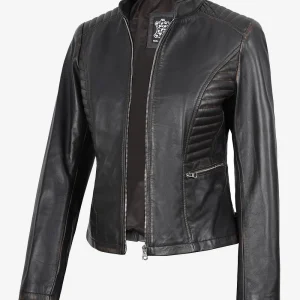 Veste motard en cuir marron vieilli pour femme