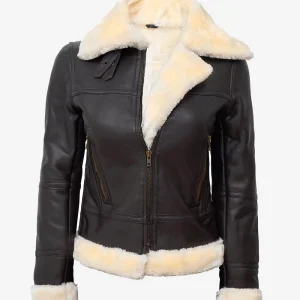 Blouson Bomber en cuir et peau lainée marron foncé B3 pour femme