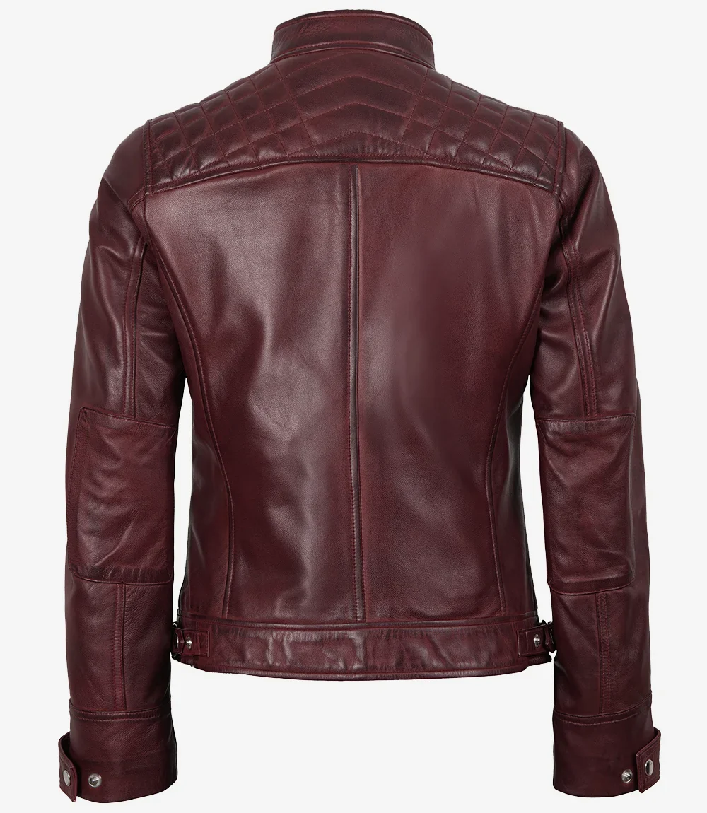 Veste style motard en cuir d'agneau véritable bordeaux pour femme – Image 7