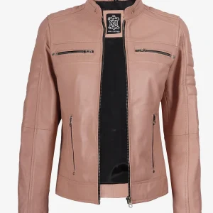 Veste motard rose en cuir véritable pour femme