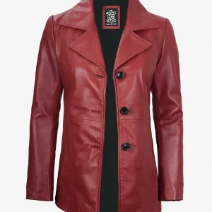 Blazer en cuir rouge à trois boutons pour femme