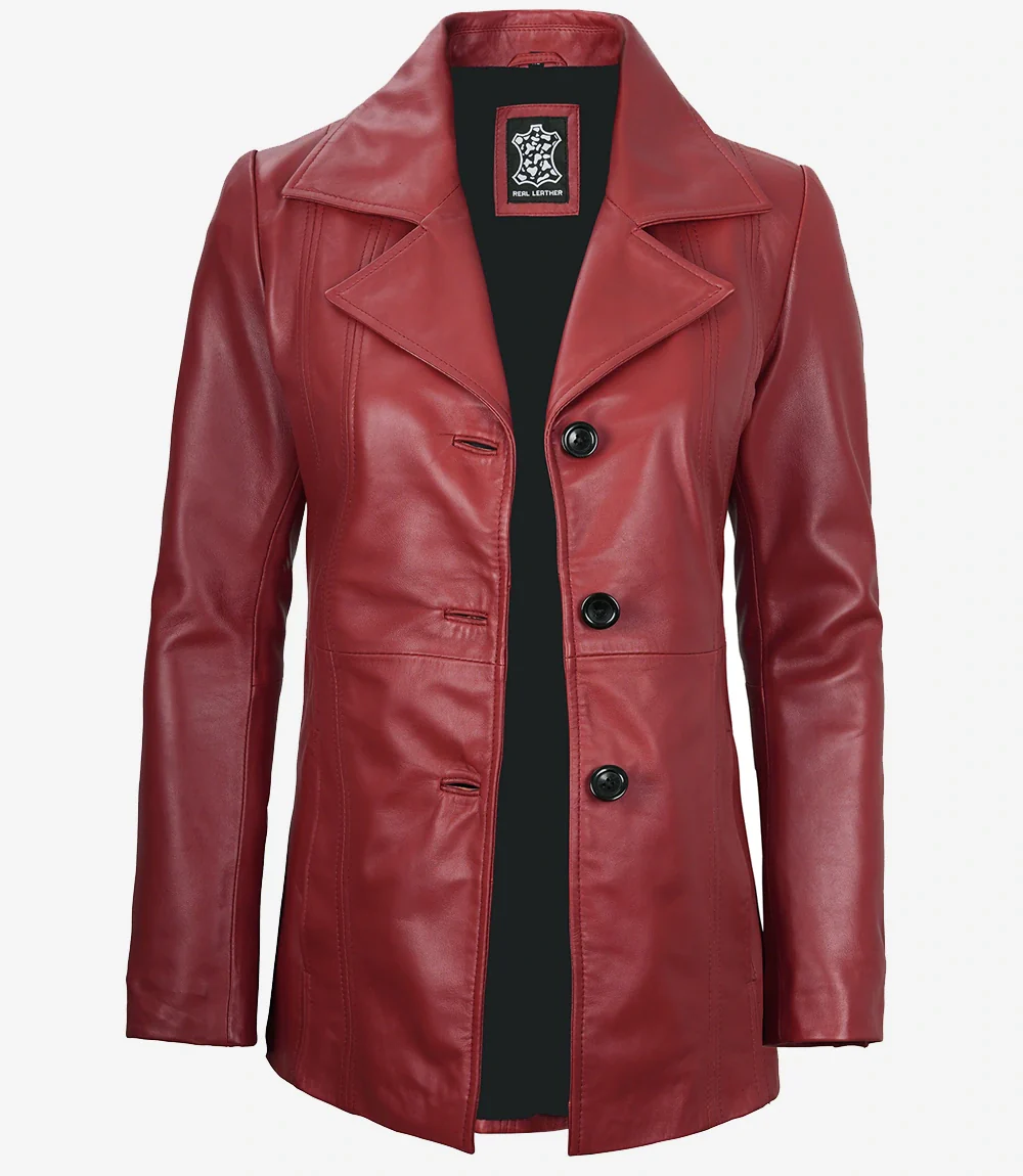 Blazer en cuir rouge à trois boutons pour femme – Image 2
