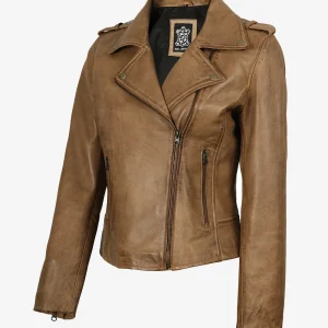 Veste motard en cuir véritable marron camel pour femme