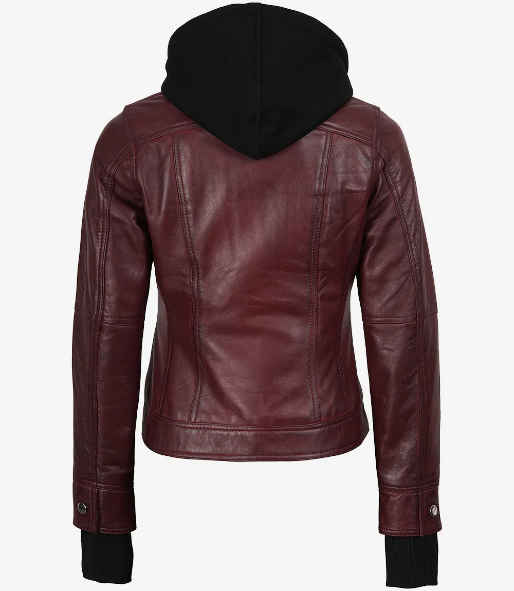 Blouson aviateur en cuir bordeaux pour femme avec capuche amovible – Image 7