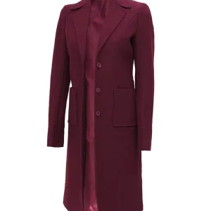Manteau long en laine marron à boutonnage simple pour femme