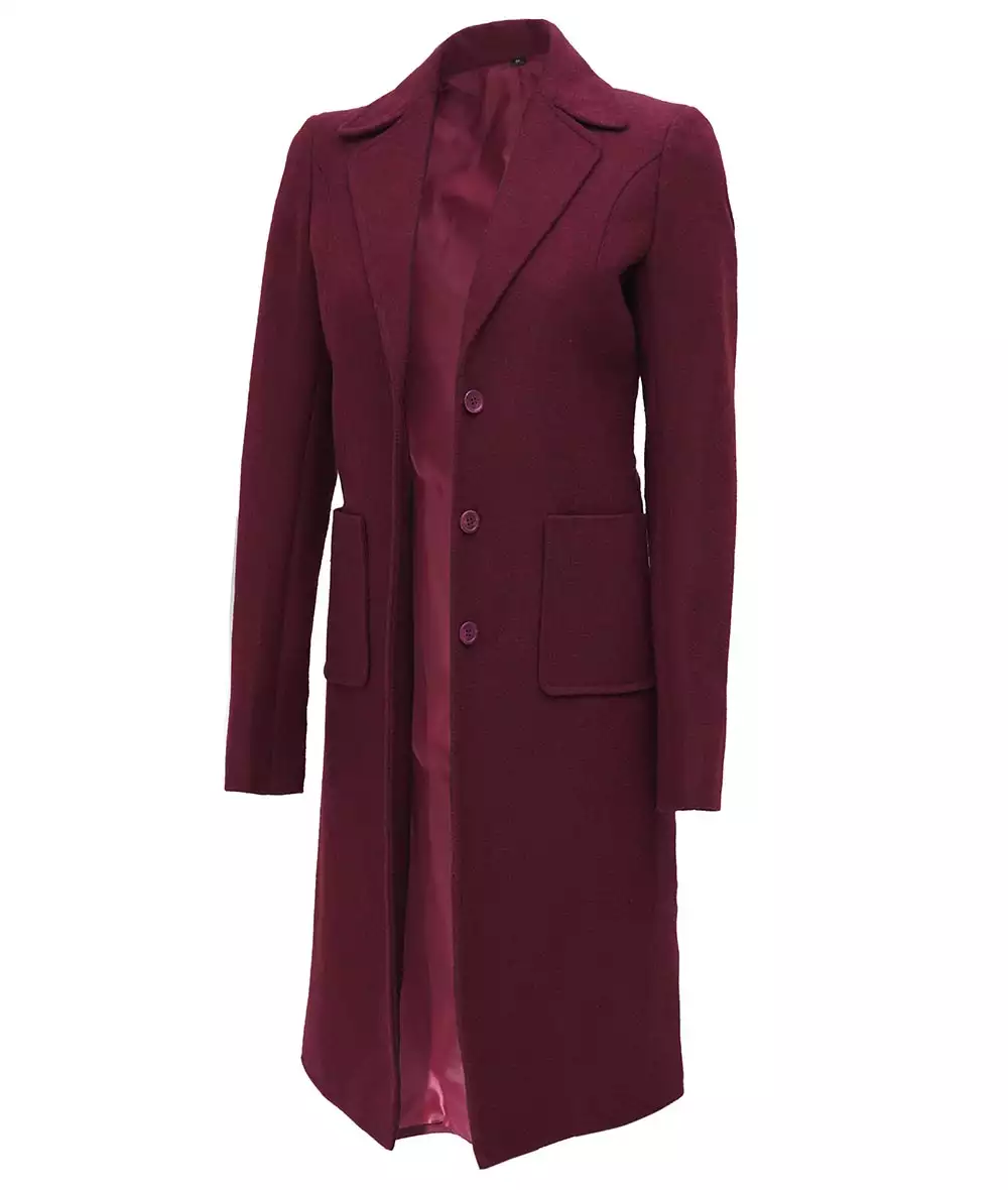 Manteau long en laine marron à boutonnage simple pour femme